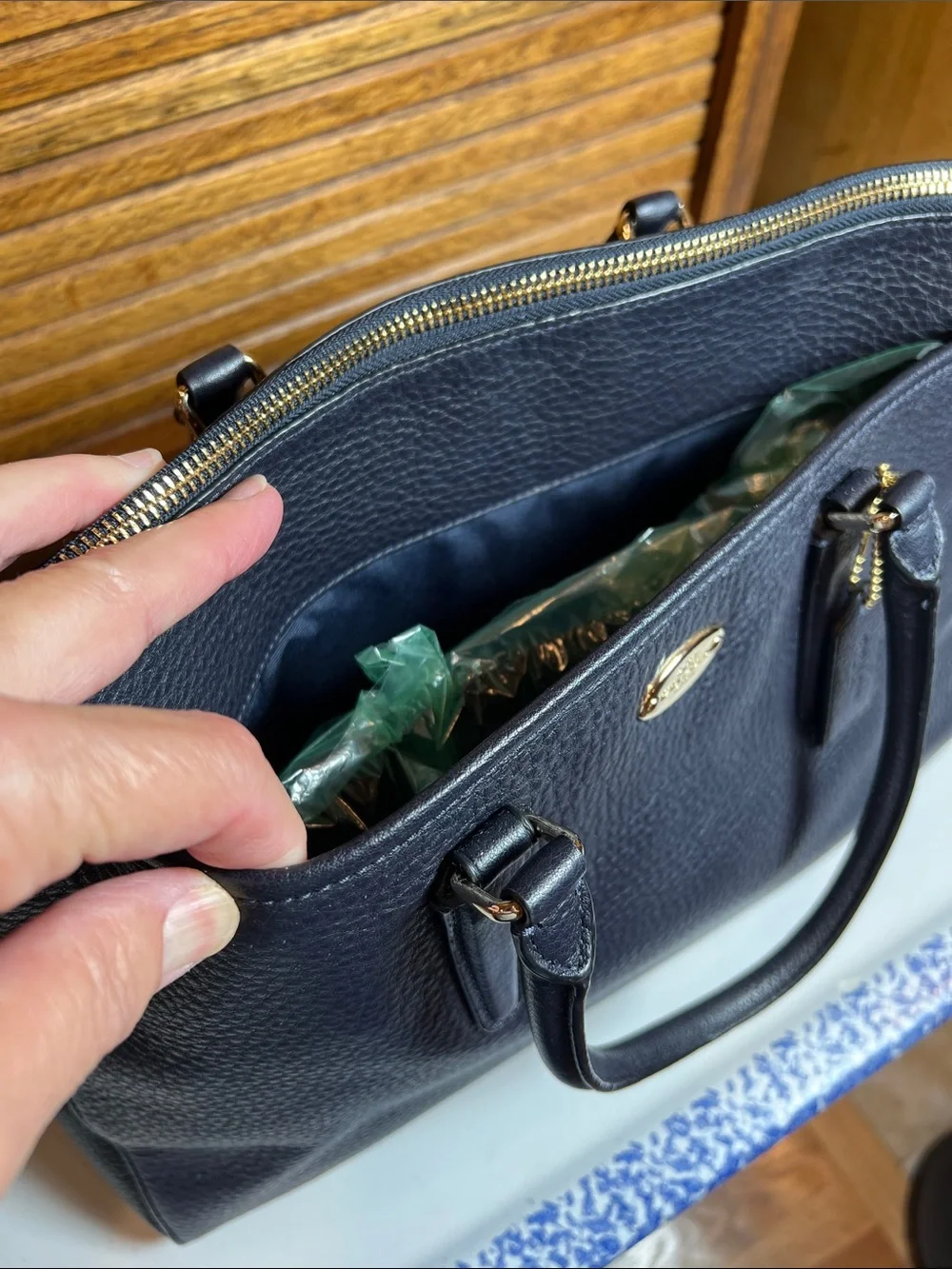 Coach Morgan satchel bag in midnight navy pebble grain leather